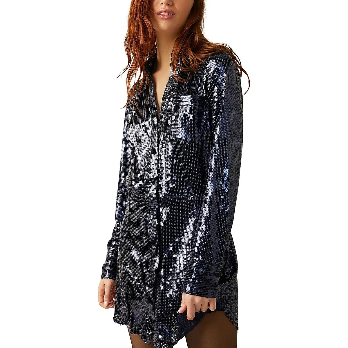 Free People Womens Sophie Sequined Mini Shirtdress