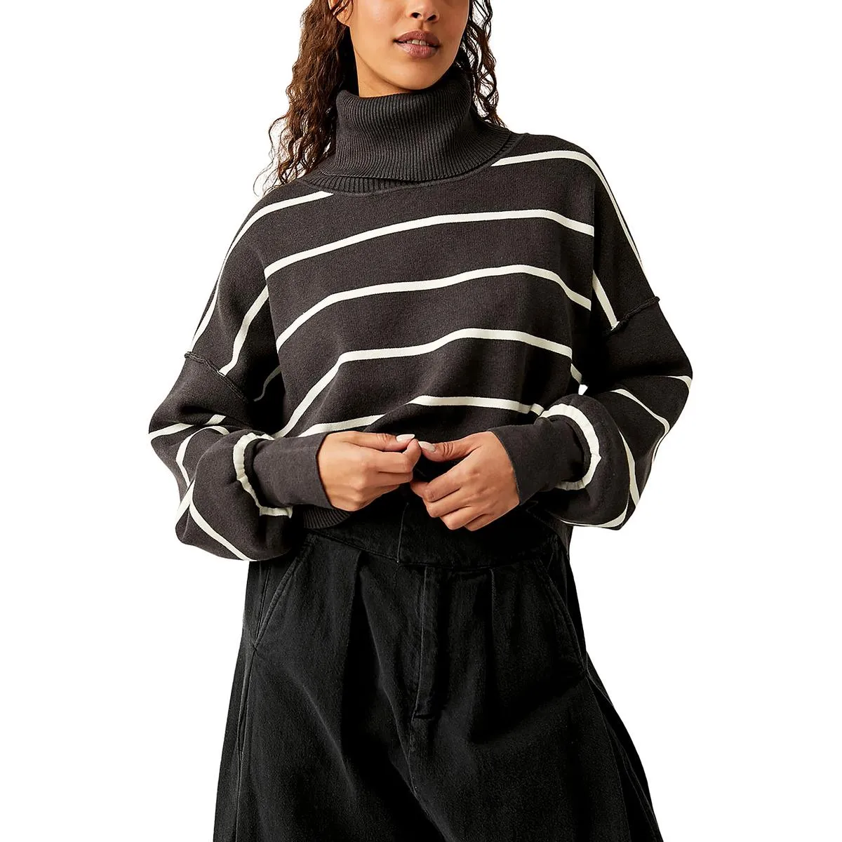 Free People Womens Striped Bishop Sleeve Turtleneck Sweater