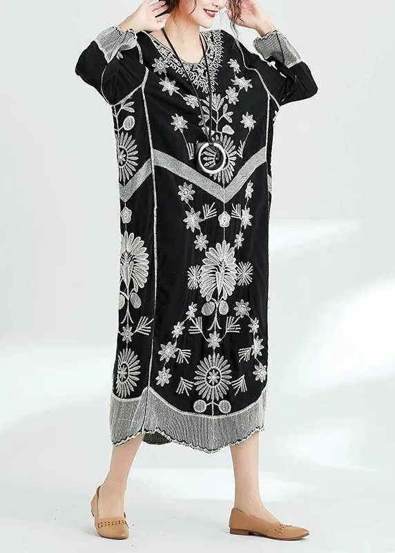 French black print v neck baggy chiffon robes spring Dresses