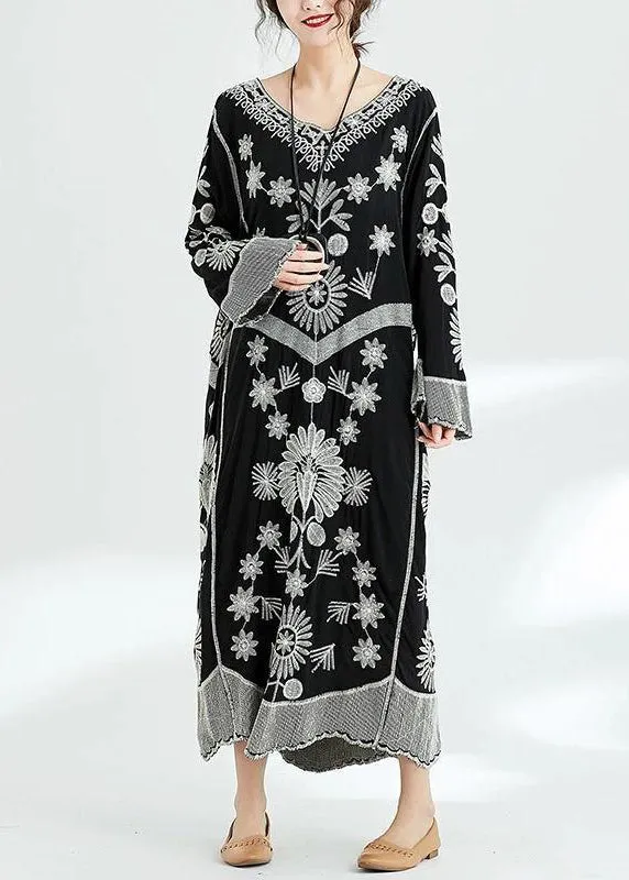 French black print v neck baggy chiffon robes spring Dresses