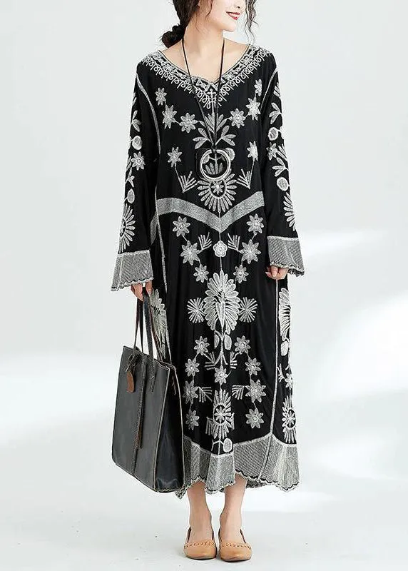 French black print v neck baggy chiffon robes spring Dresses