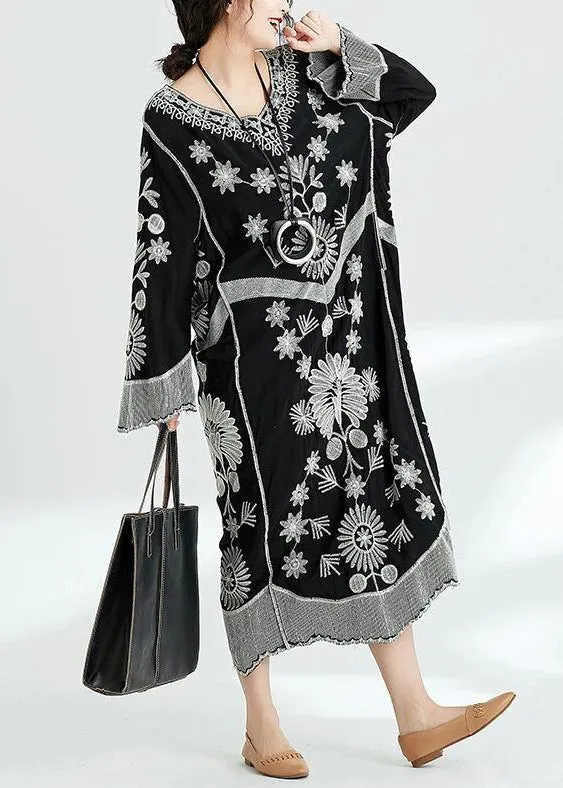 French black print v neck baggy chiffon robes spring Dresses