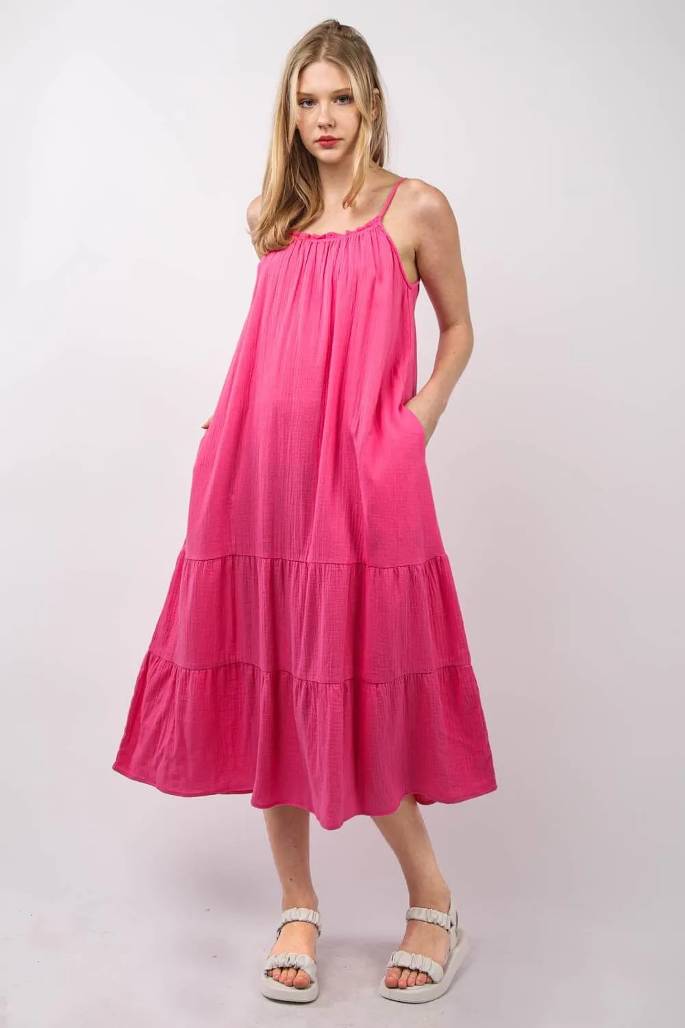 Fuchsia Ruffled A-Line Tired Midi Cami Dress