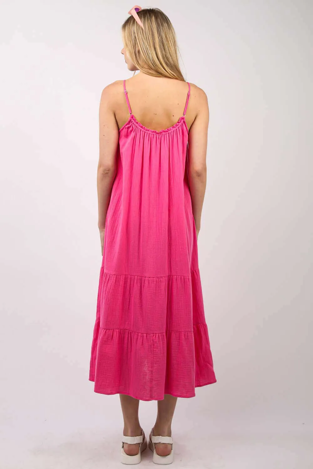 Fuchsia Ruffled A-Line Tired Midi Cami Dress