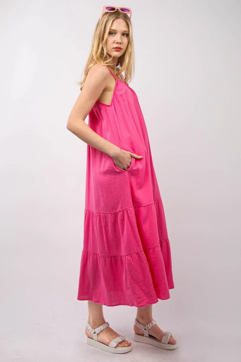 Fuchsia Ruffled A-Line Tired Midi Cami Dress