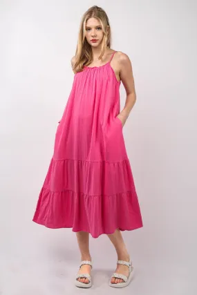 Fuchsia Ruffled A-Line Tired Midi Cami Dress