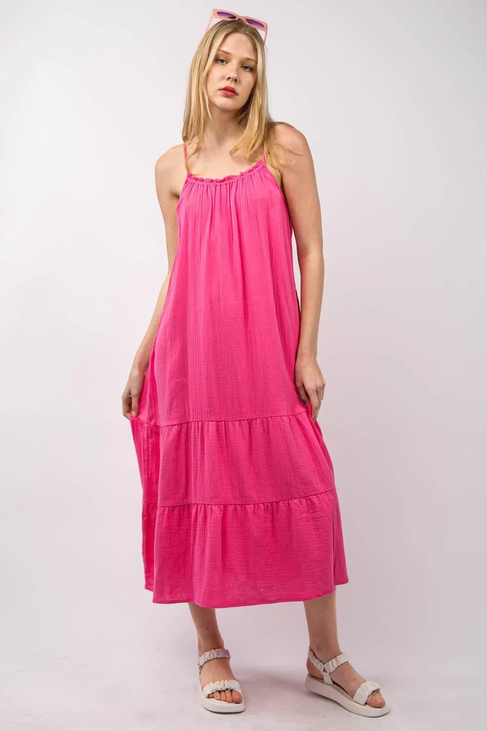 Fuchsia Ruffled A-Line Tired Midi Cami Dress