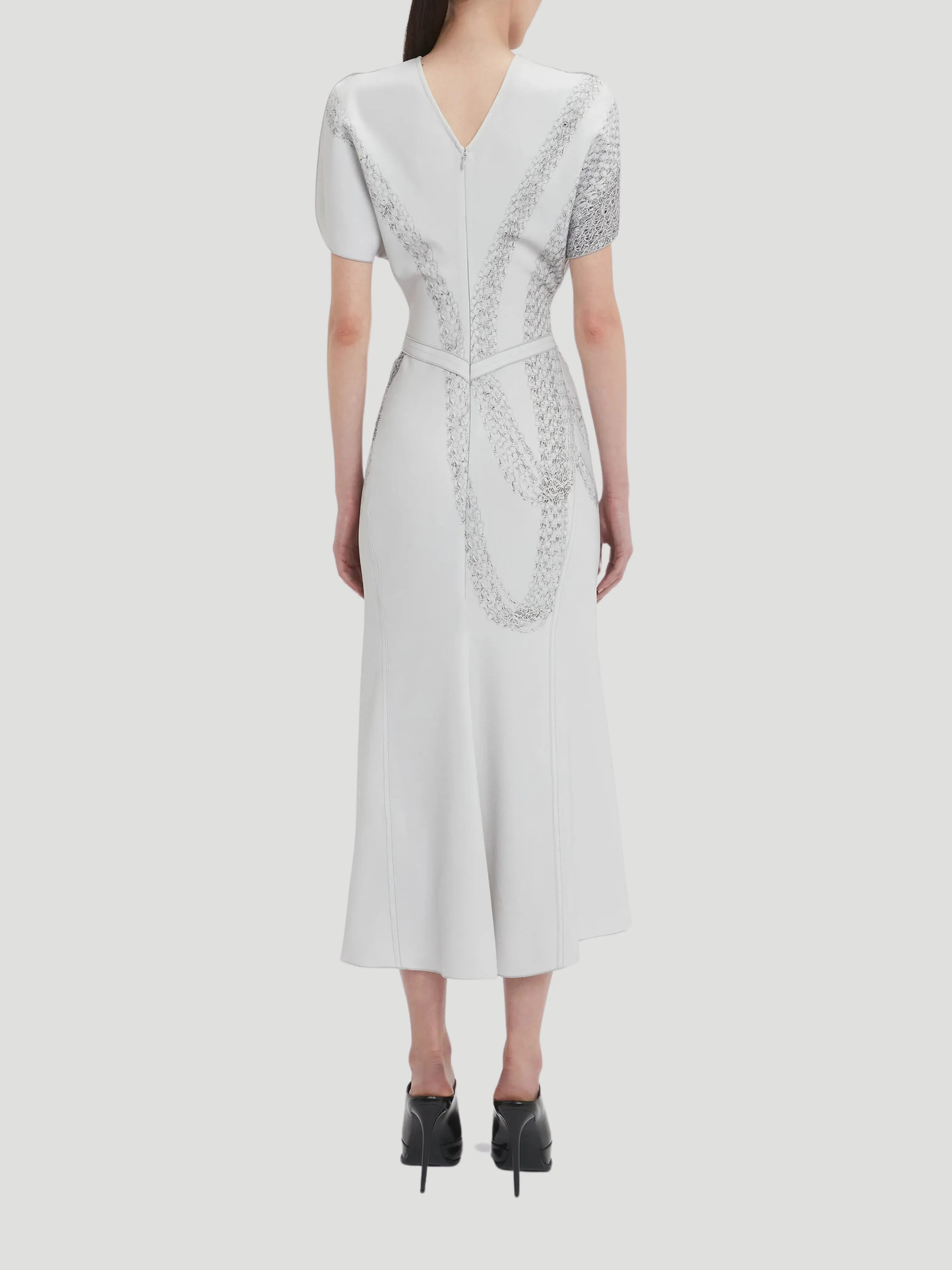 Gathered Waist Midi Dress In Grey Mist-Silver Chain Print