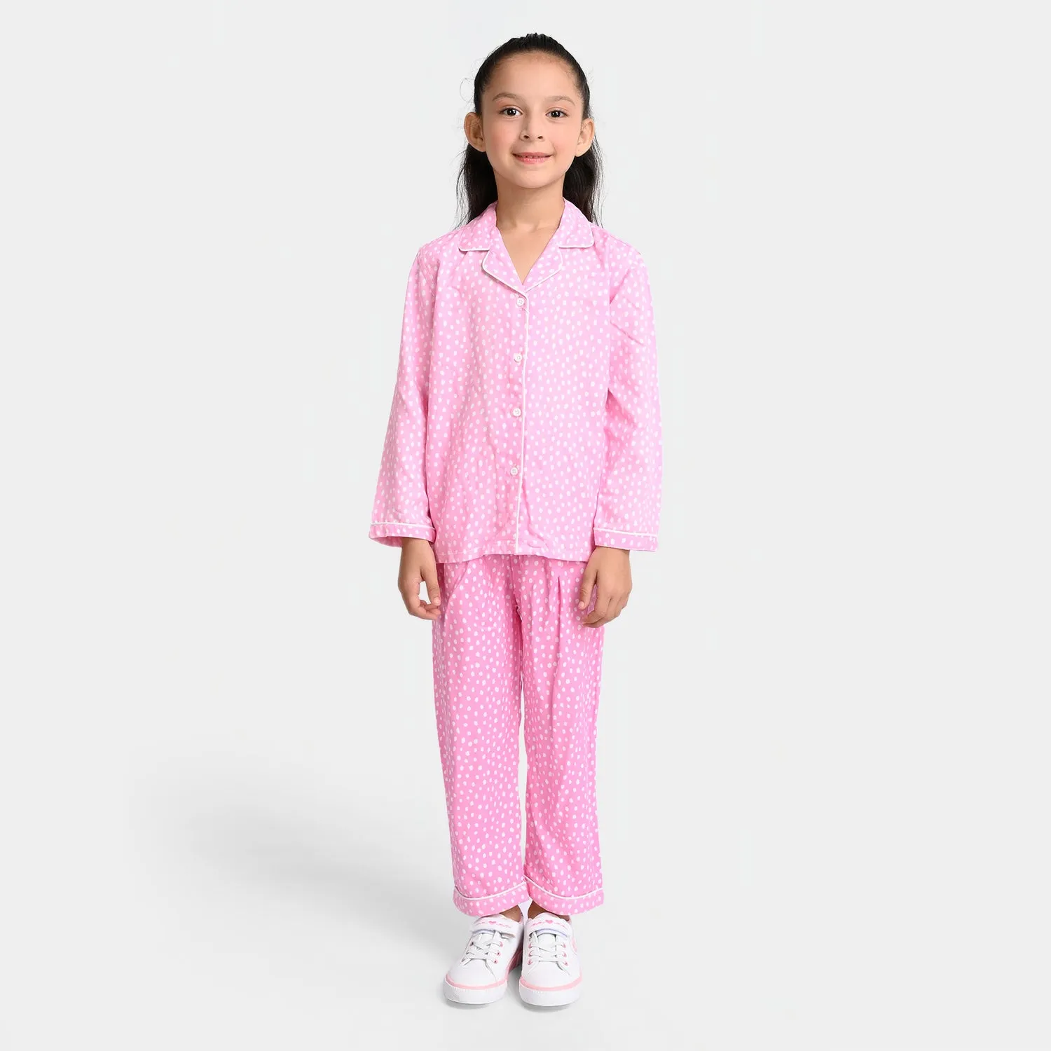 Girls Woven Night Suit Dots-Pink