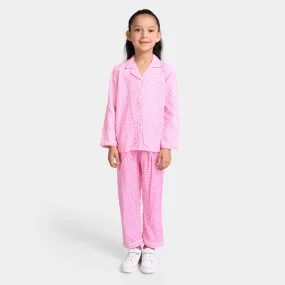 Girls Woven Night Suit Dots-Pink