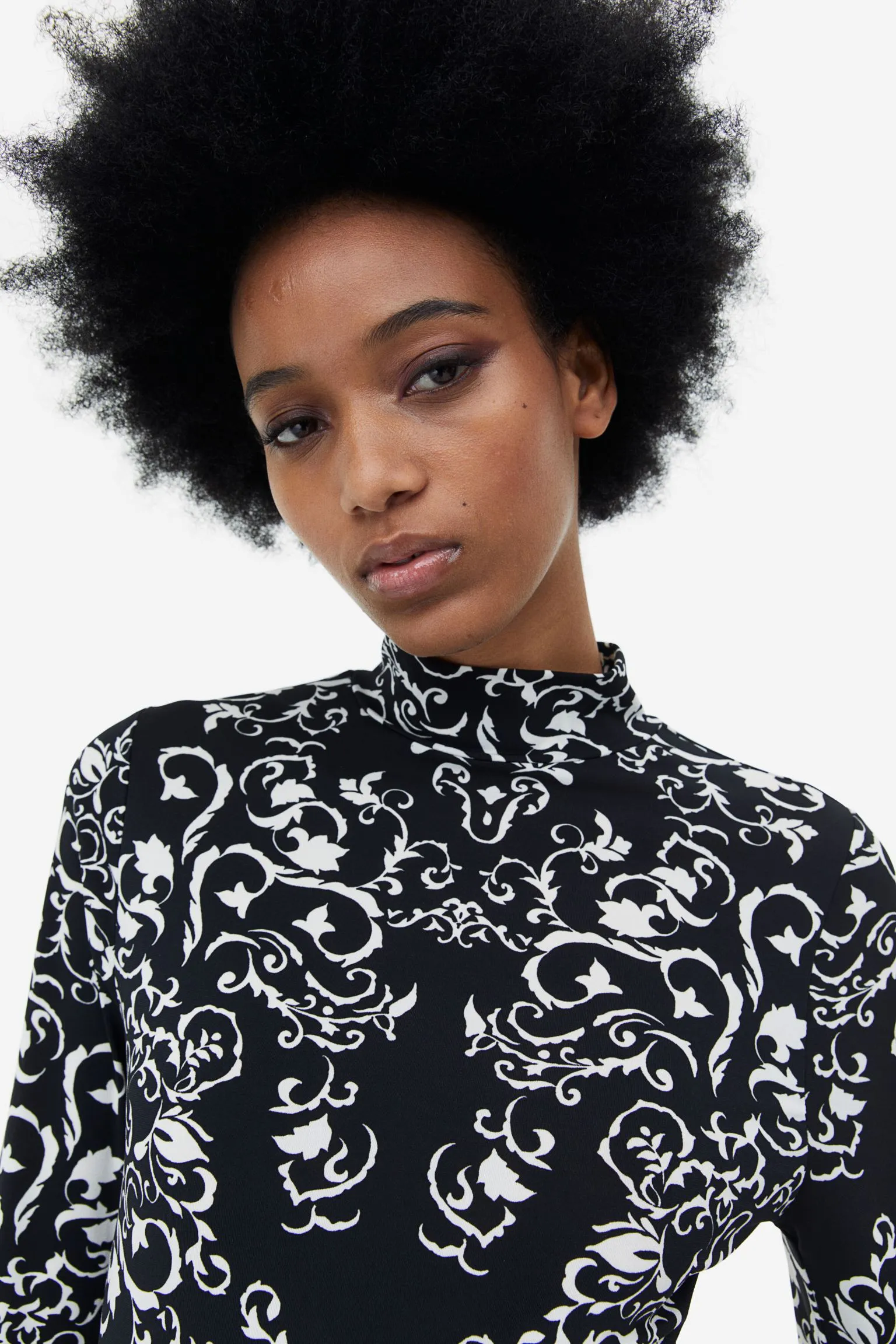 H&M Patterned Fitted Pleated Dress, Black/White