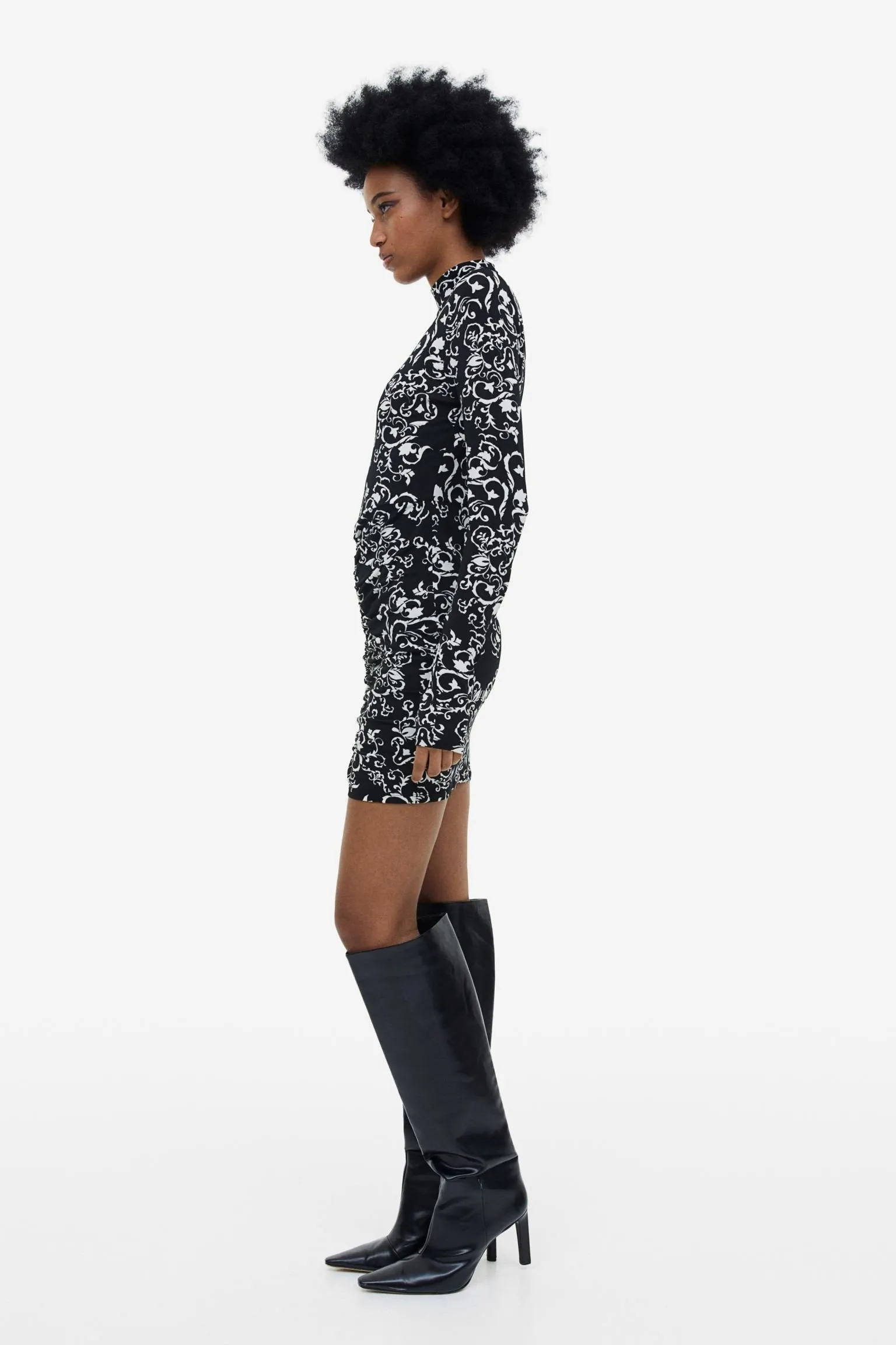 H&M Patterned Fitted Pleated Dress, Black/White