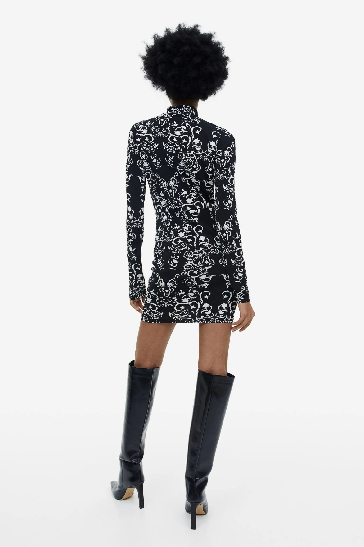 H&M Patterned Fitted Pleated Dress, Black/White