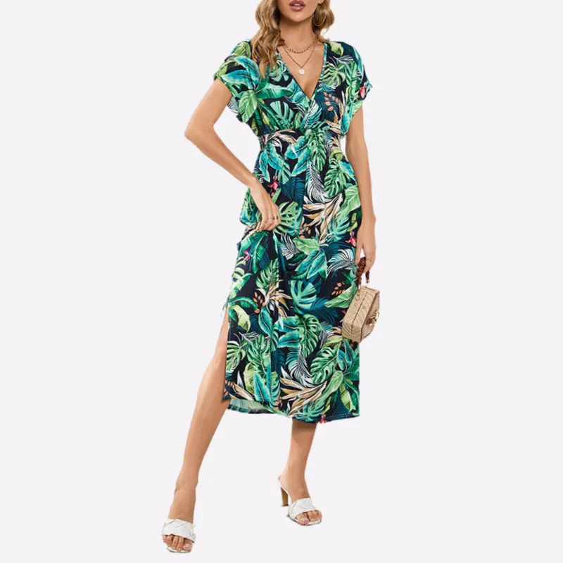 Hawaiian Print Dresses | V Neck Maxi