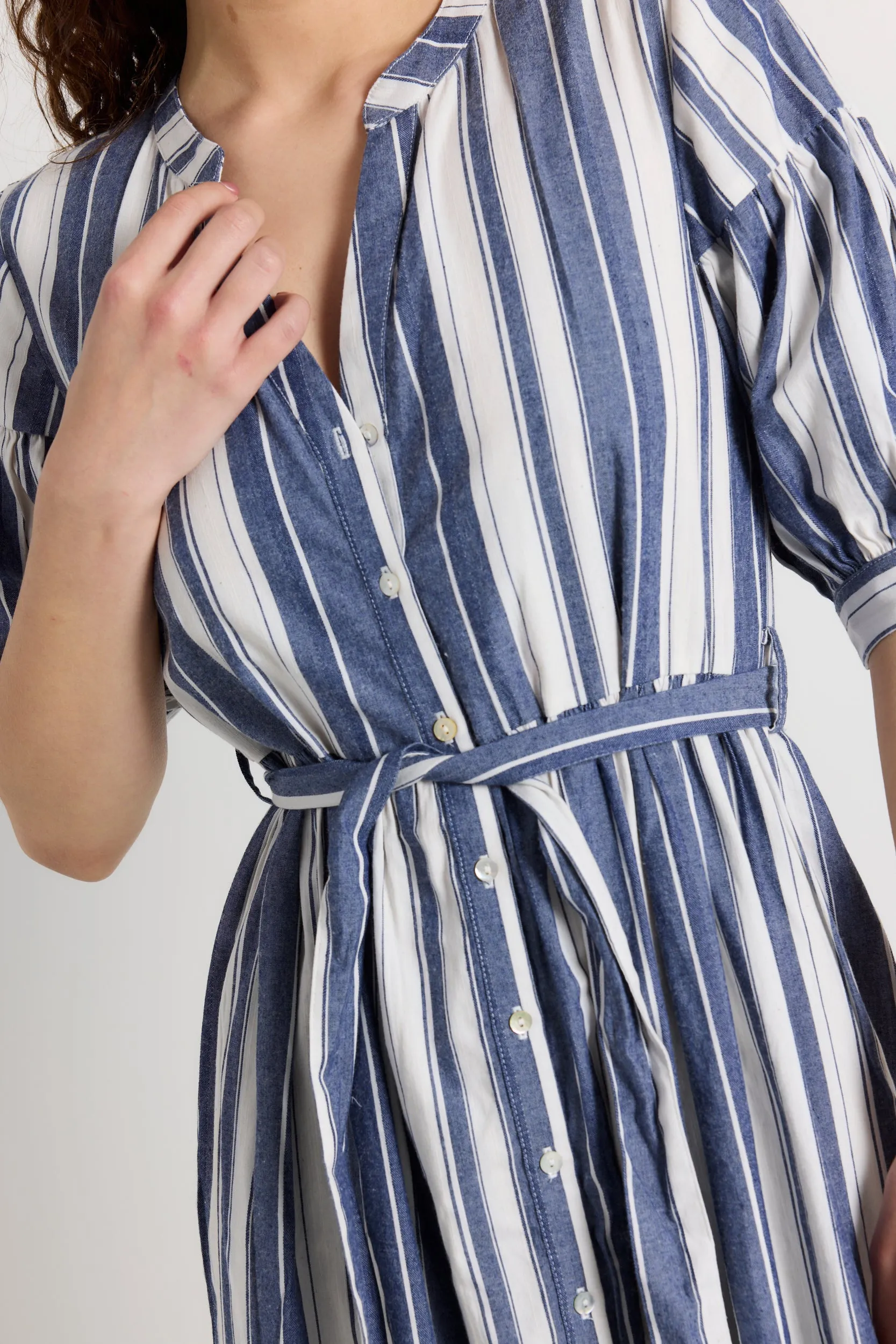 Insight Navy Stripe Balloon Sleeve Midi Shirt Dress