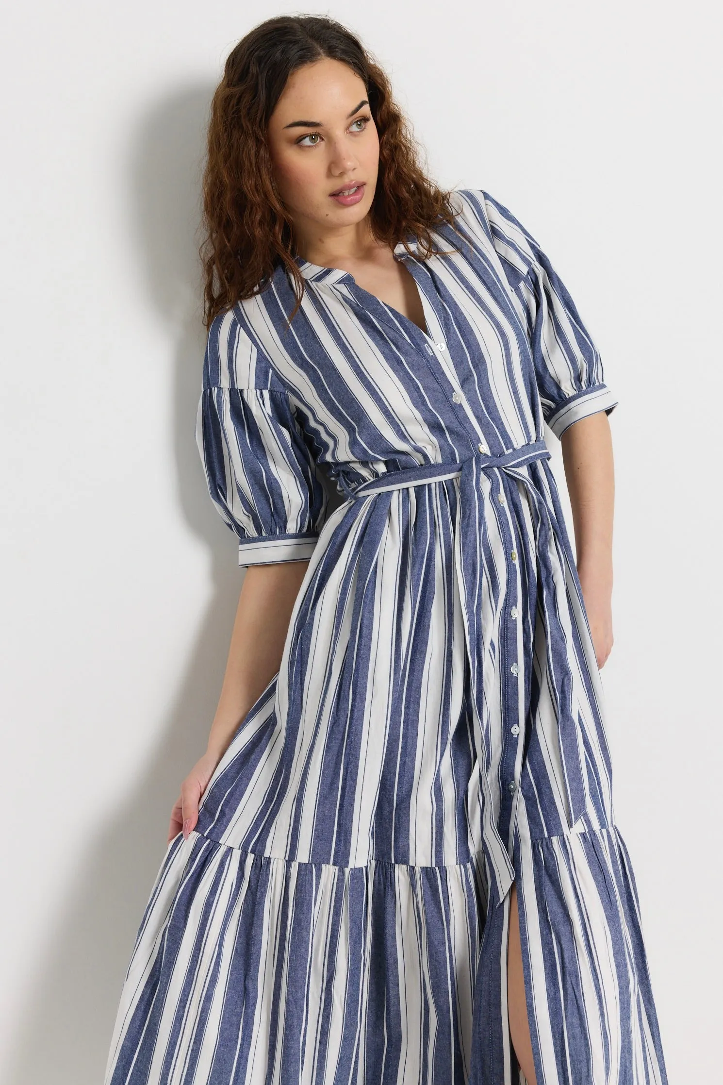 Insight Navy Stripe Balloon Sleeve Midi Shirt Dress