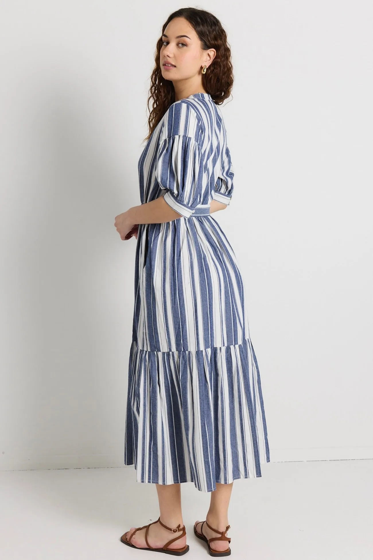 Insight Navy Stripe Balloon Sleeve Midi Shirt Dress