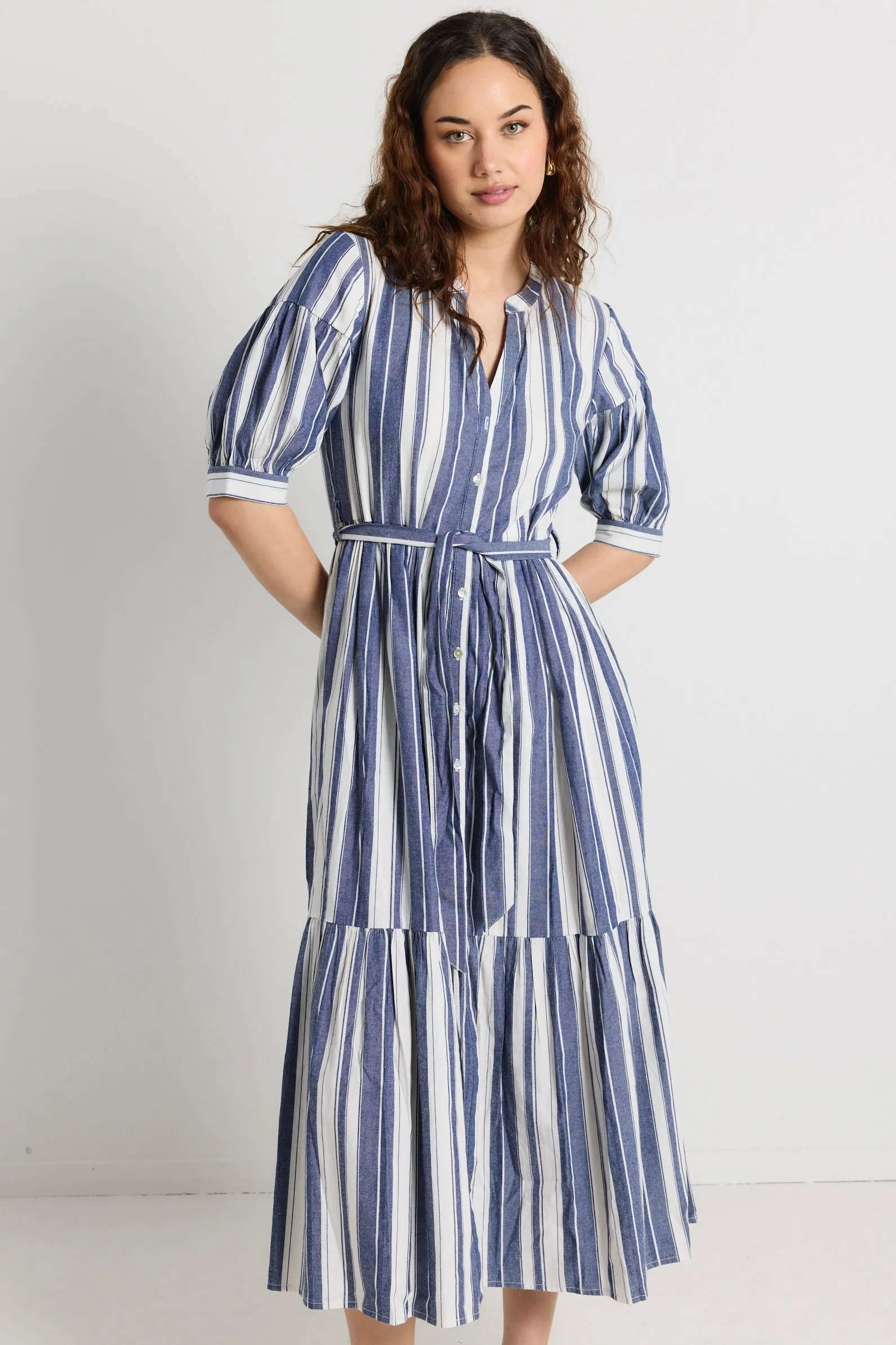 Insight Navy Stripe Balloon Sleeve Midi Shirt Dress