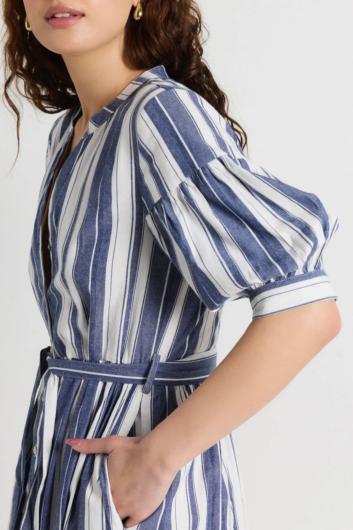 Insight Navy Stripe Balloon Sleeve Midi Shirt Dress