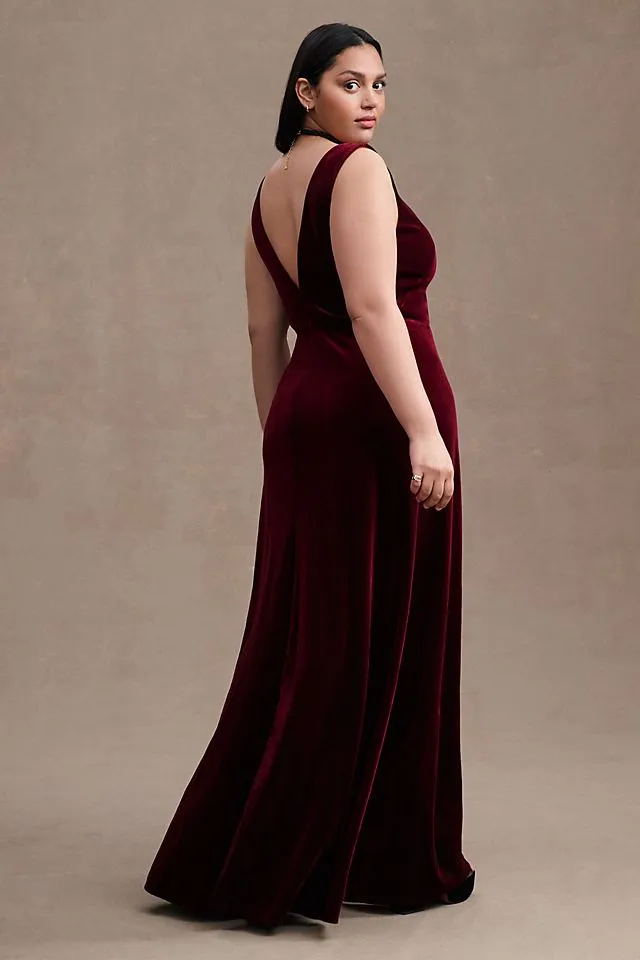 Jenny Yoo Logan Deep V Velvet Dress, Dark Berry