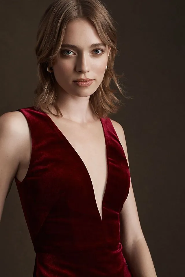 Jenny Yoo Logan Deep V Velvet Dress, Dark Berry