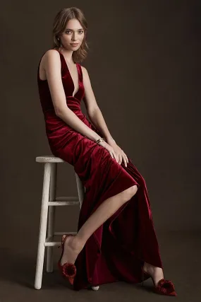 Jenny Yoo Logan Deep V Velvet Dress, Dark Berry