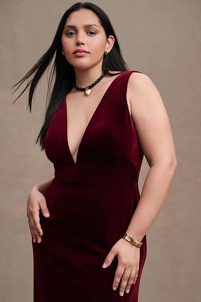 Jenny Yoo Logan Deep V Velvet Dress, Dark Berry