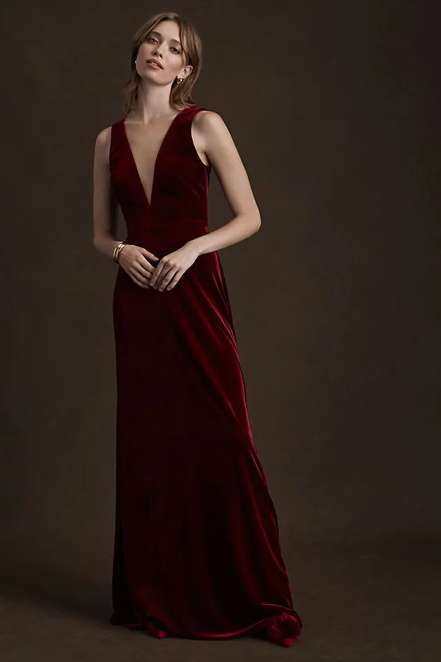 Jenny Yoo Logan Deep V Velvet Dress, Dark Berry