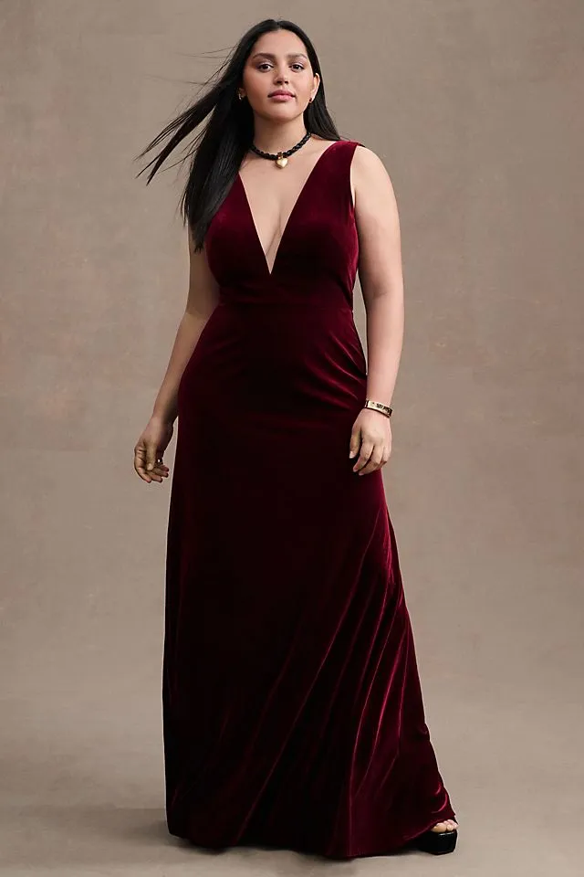 Jenny Yoo Logan Deep V Velvet Dress, Dark Berry
