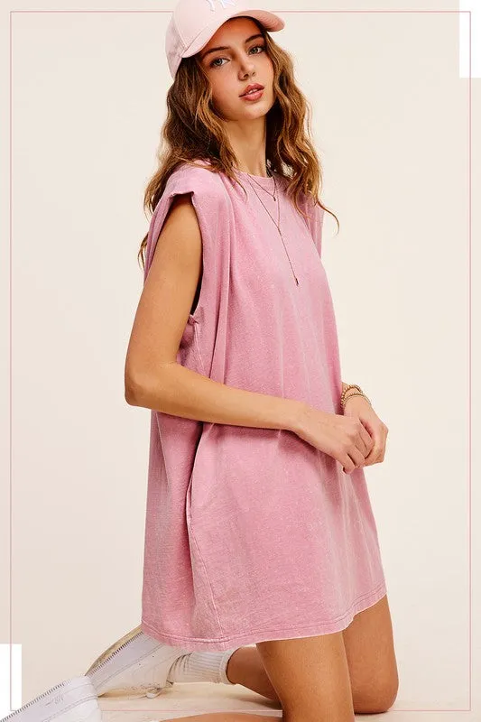 LA MIEL Mineral Washed Sleeveless Mini Dress with Side Pockets