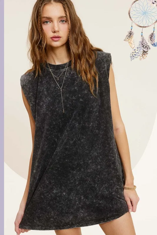 LA MIEL Mineral Washed Sleeveless Mini Dress with Side Pockets