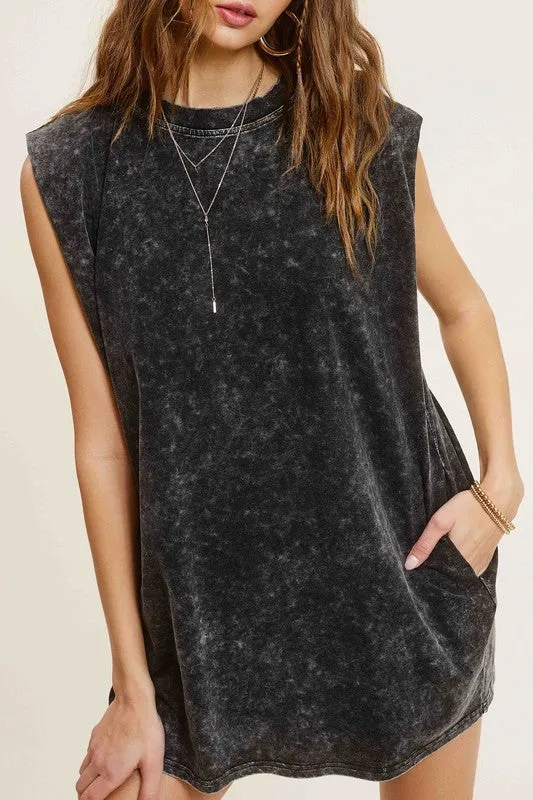 LA MIEL Mineral Washed Sleeveless Mini Dress with Side Pockets