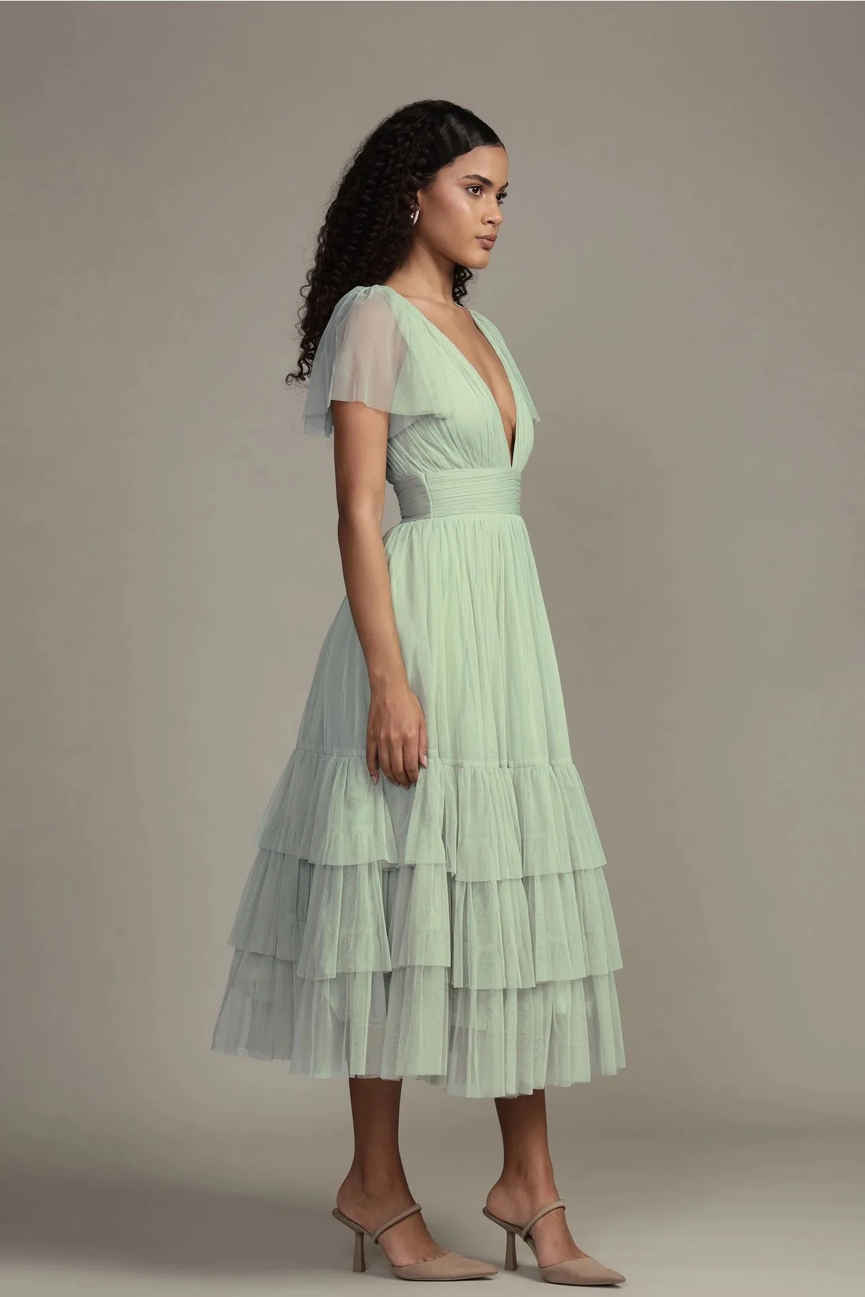 Lace & Beads Madison Sage Green Tulle Midi Dress
