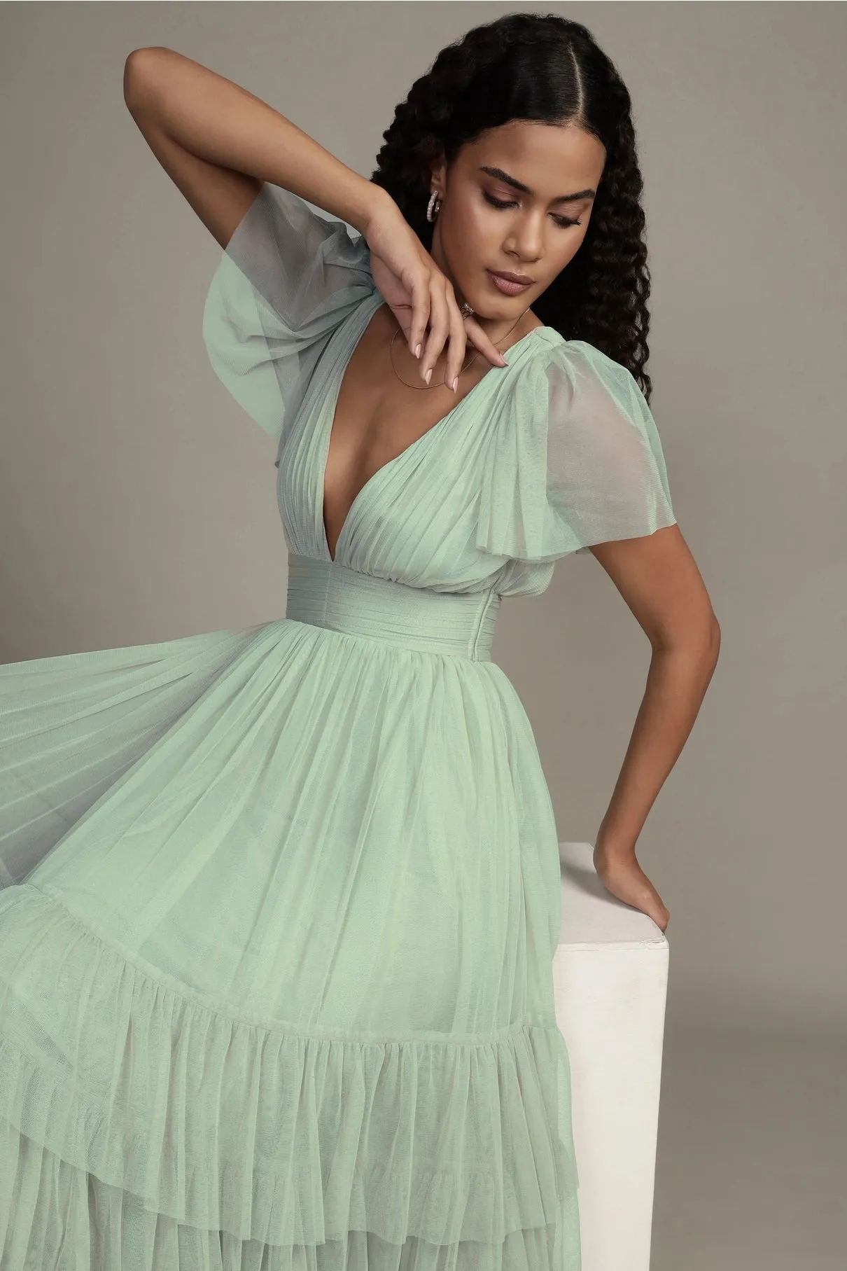 Lace & Beads Madison Sage Green Tulle Midi Dress