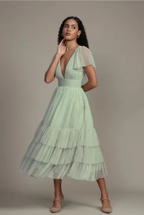 Lace & Beads Madison Sage Green Tulle Midi Dress