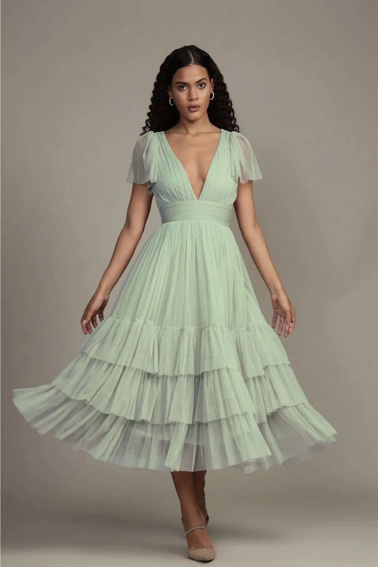 Lace & Beads Madison Sage Green Tulle Midi Dress