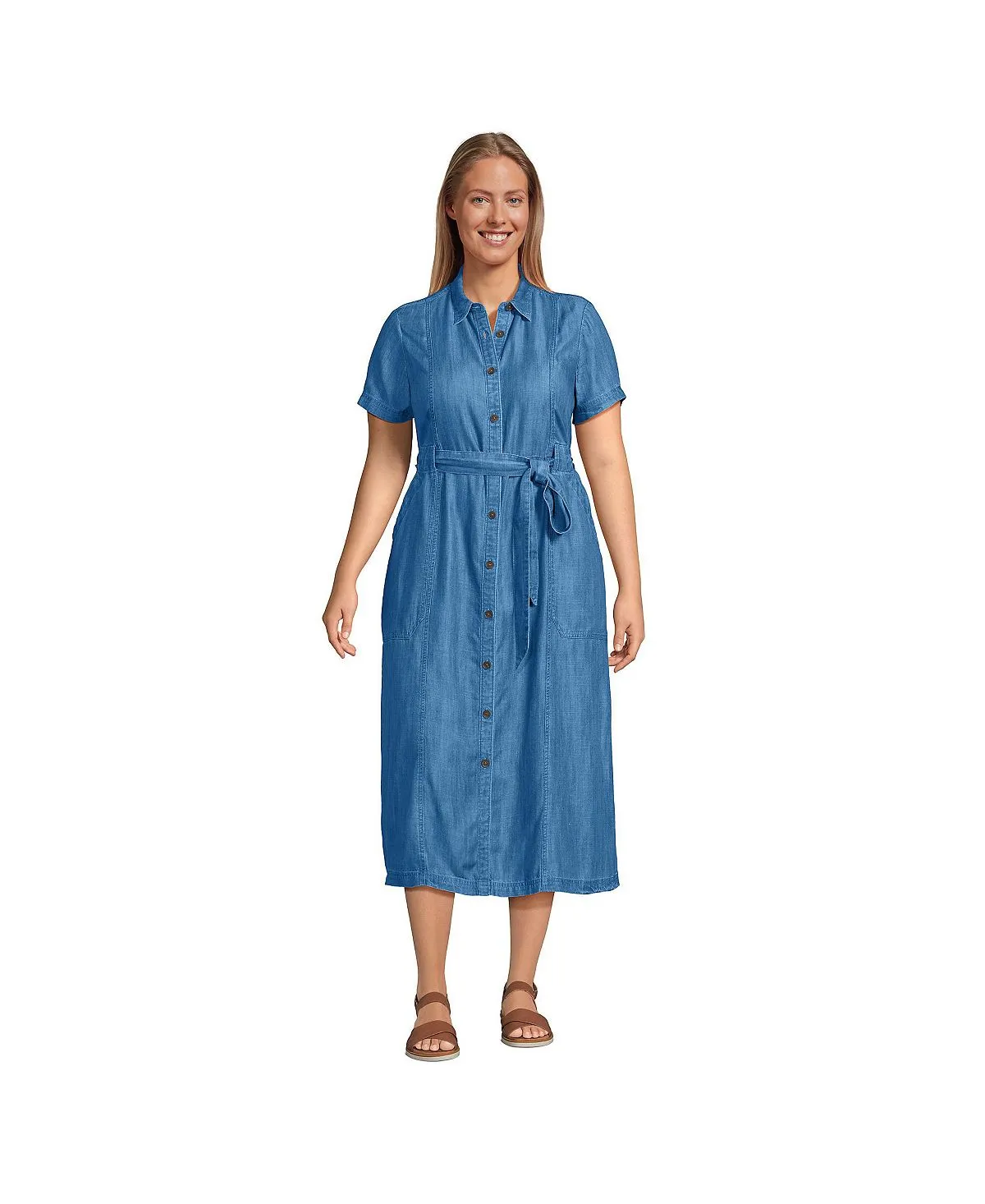 Lands' End Women's Indigo Tencel Button Front Midi Dress Plus Size