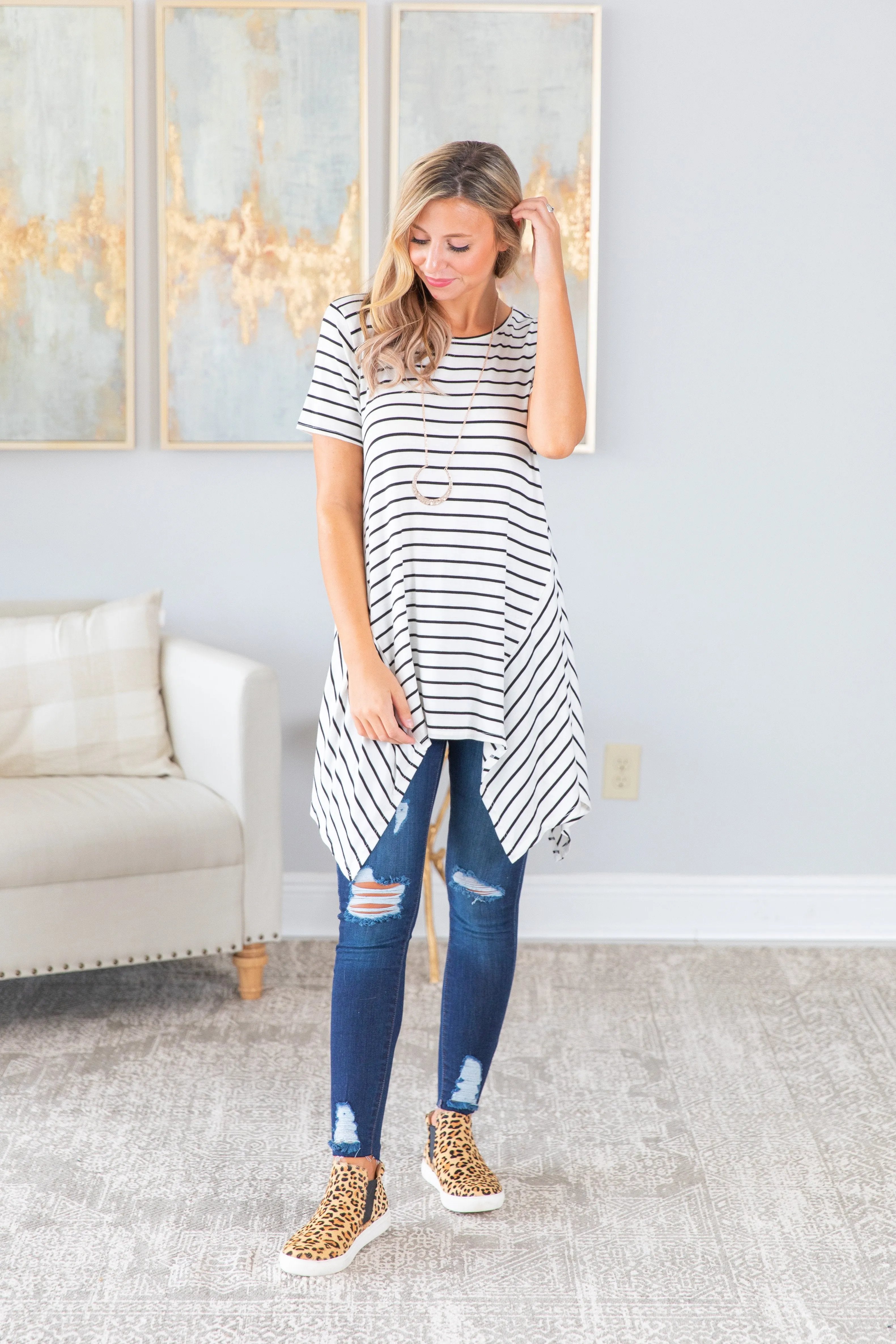 Let's Talk Ivory White and Black Striped Tunic