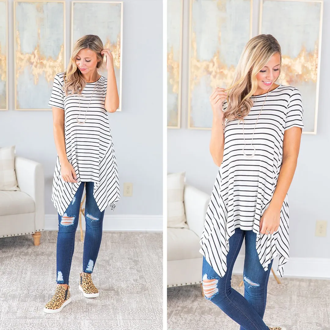Let's Talk Ivory White and Black Striped Tunic