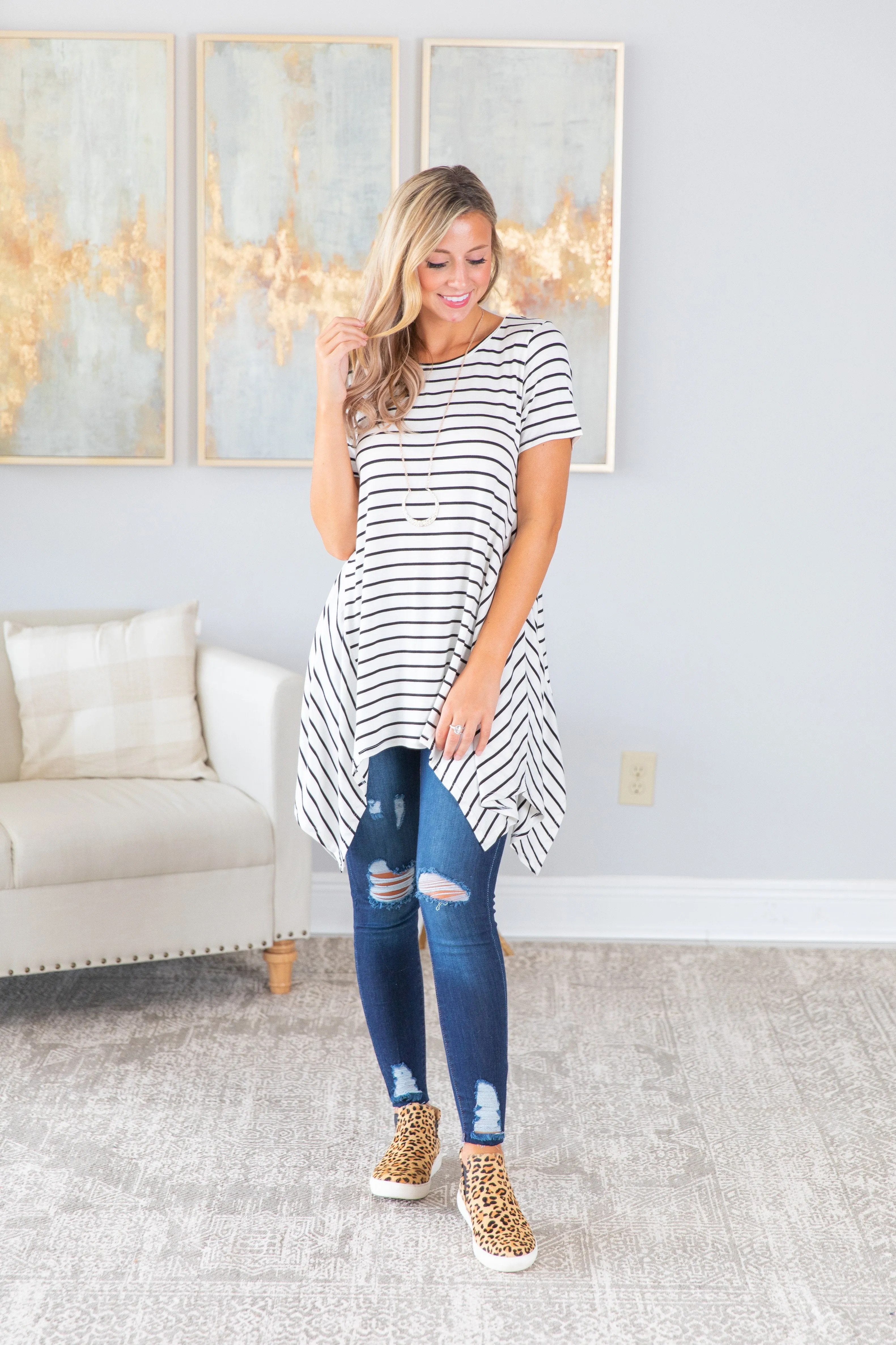 Let's Talk Ivory White and Black Striped Tunic