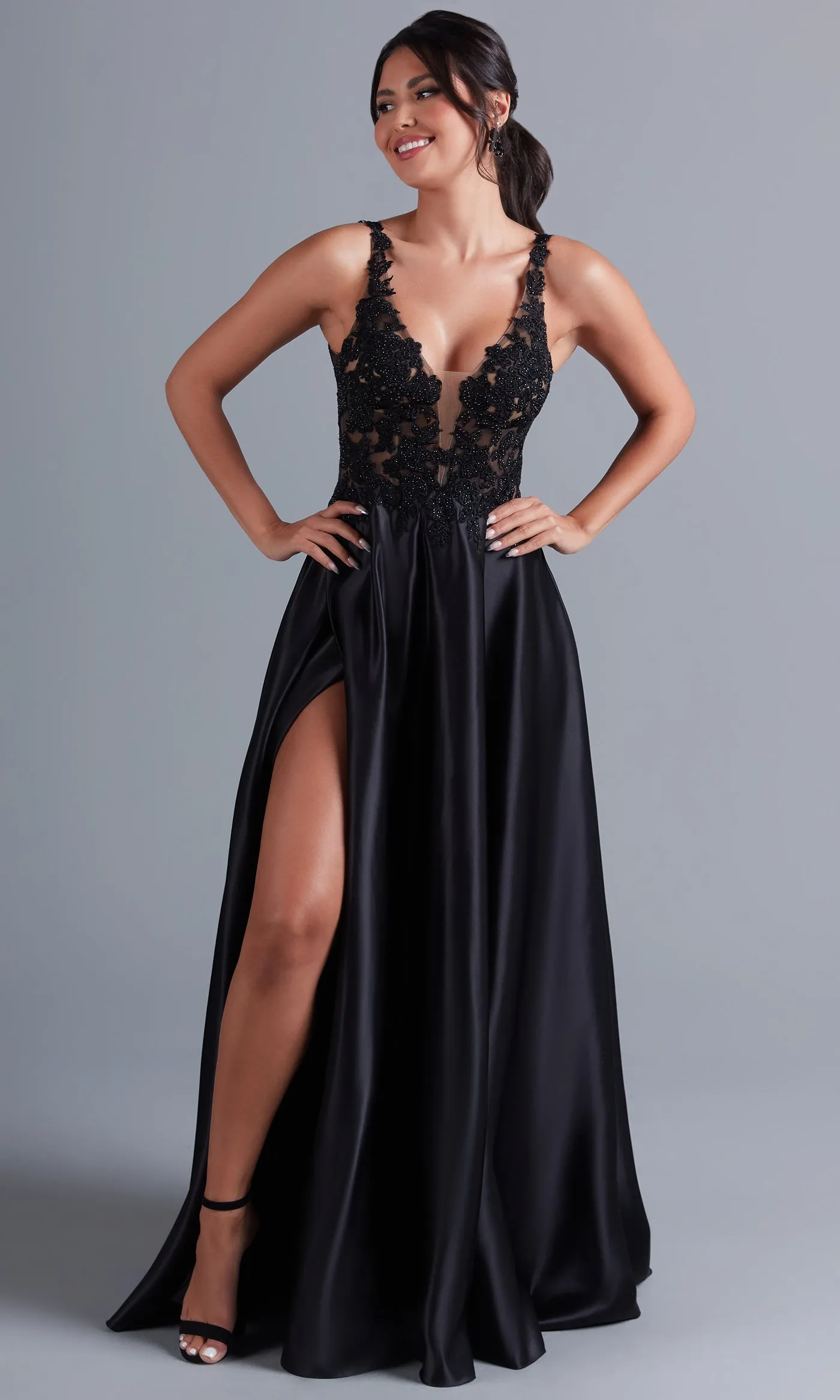 Long Black Formal Dress with Sheer Lace Bodice