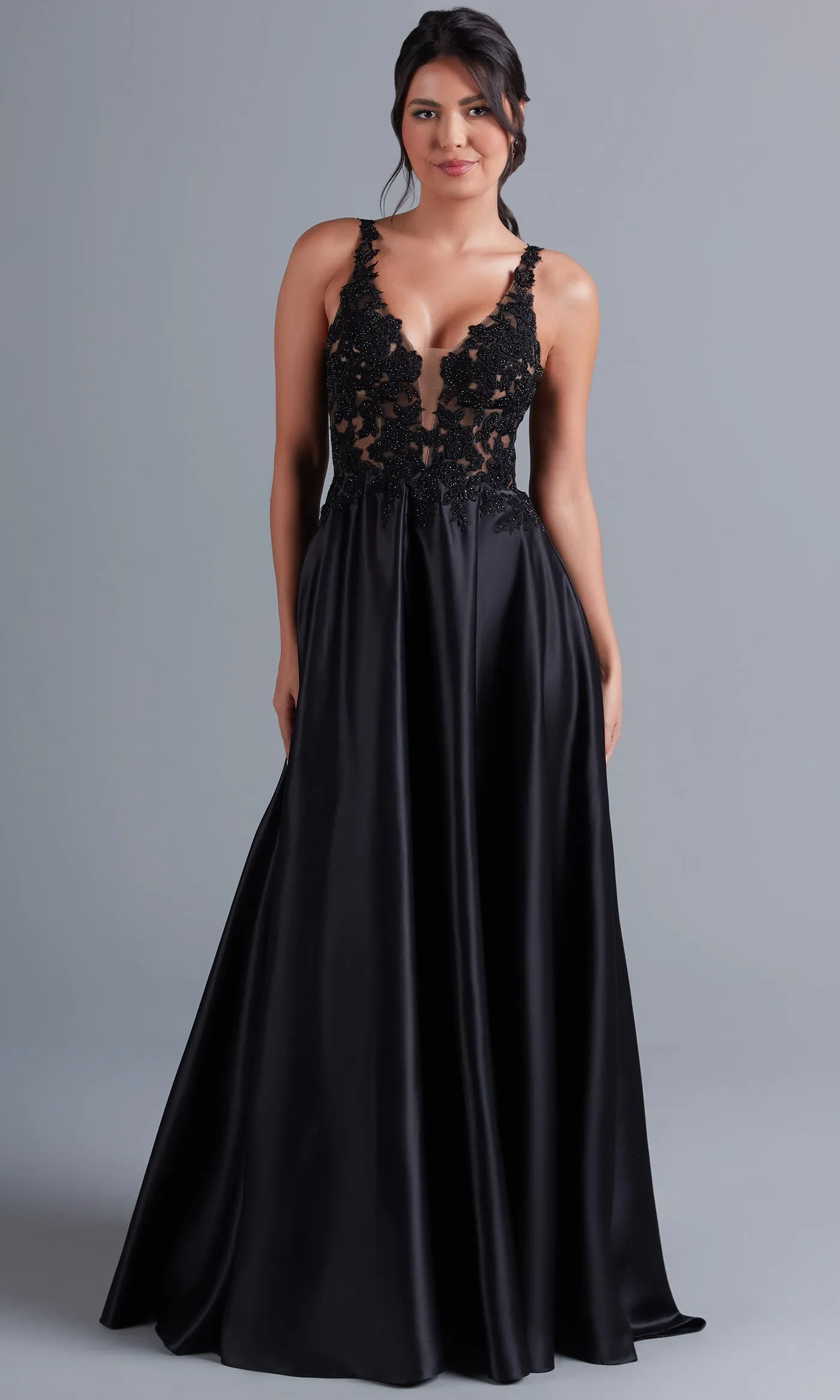 Long Black Formal Dress with Sheer Lace Bodice