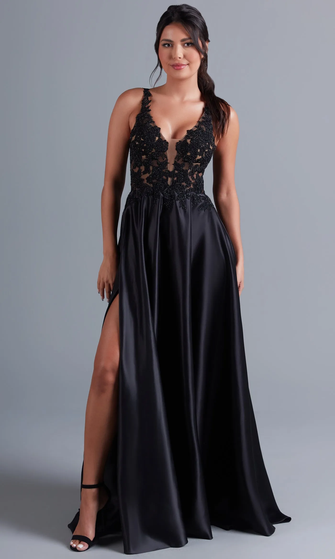 Long Black Formal Dress with Sheer Lace Bodice