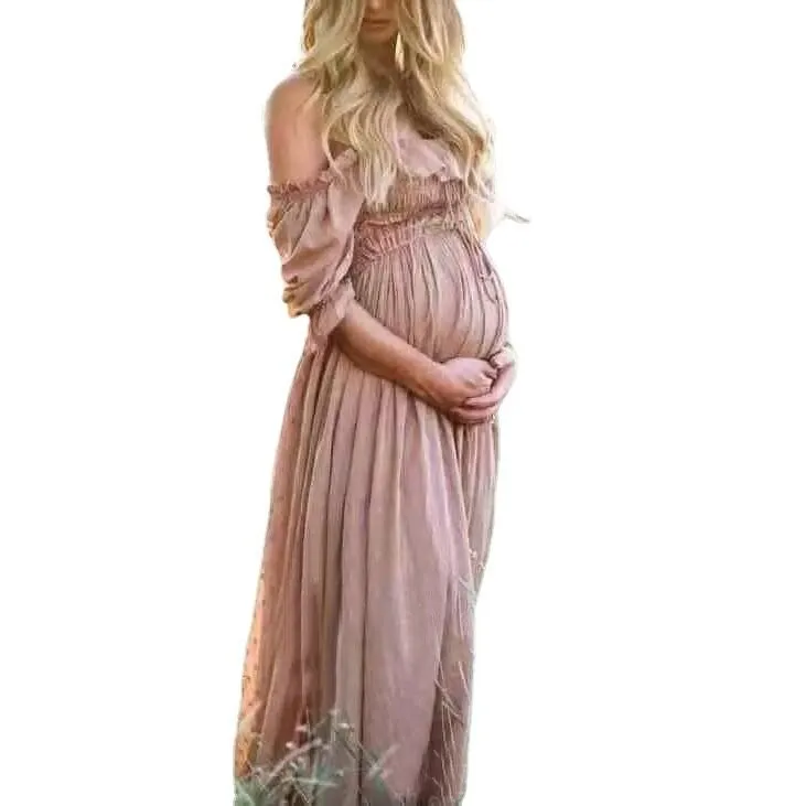 Maternity Ruffle Off Shoulder Boho Maxi Dress
