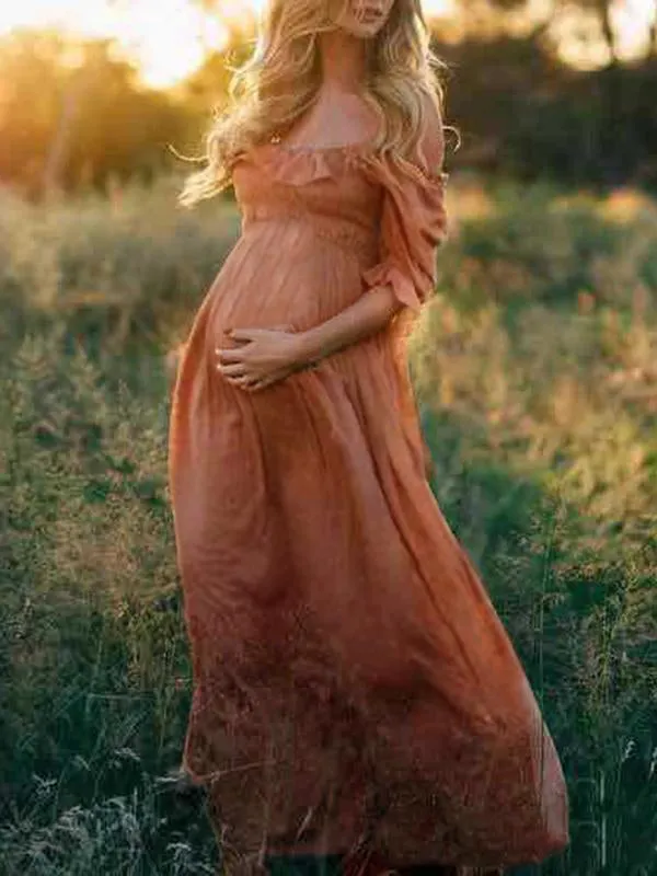 Maternity Ruffle Off Shoulder Boho Maxi Dress