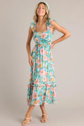 Meadow Magic Aqua Floral Print Midi Dress