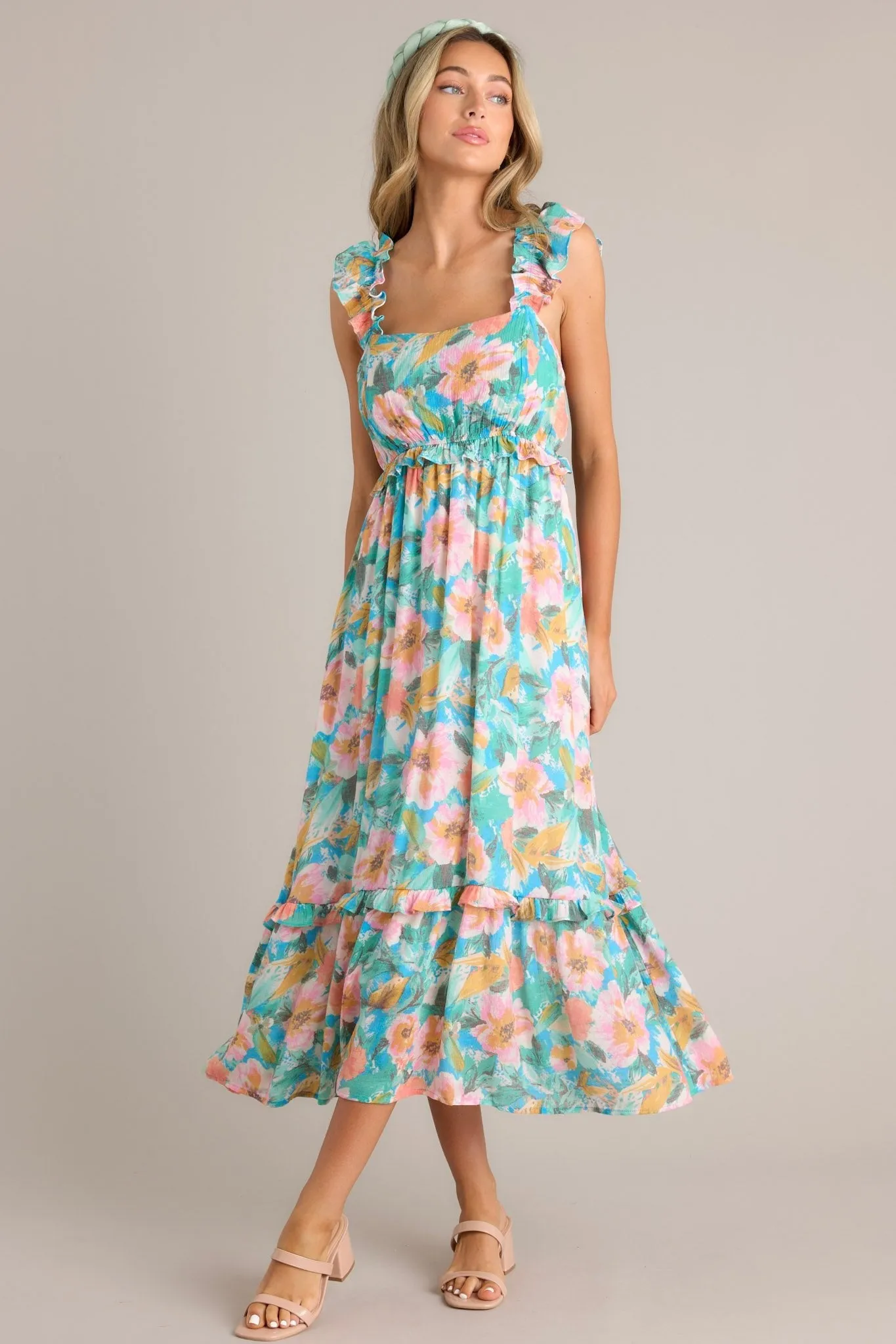 Meadow Magic Aqua Floral Print Midi Dress