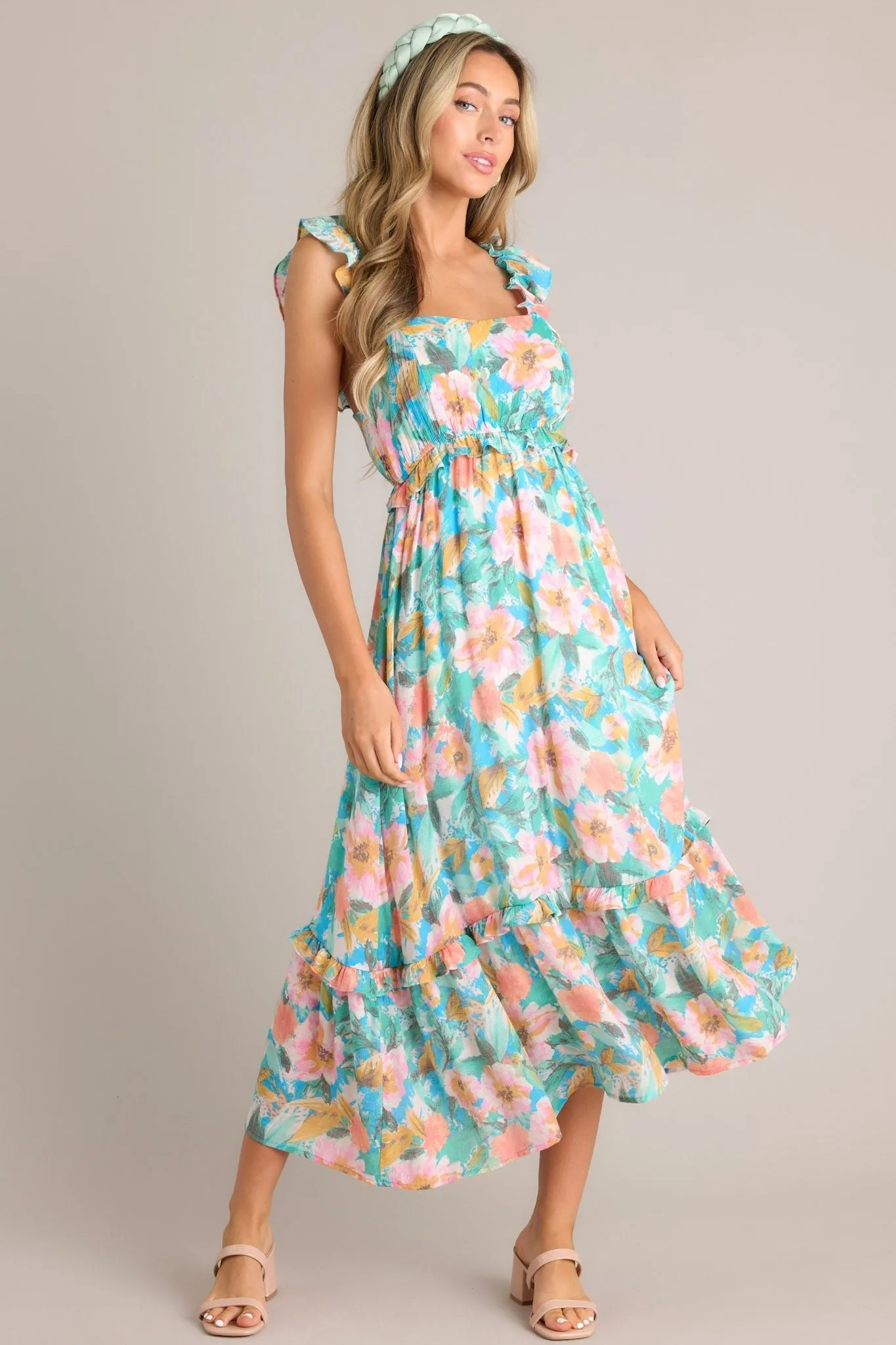 Meadow Magic Aqua Floral Print Midi Dress