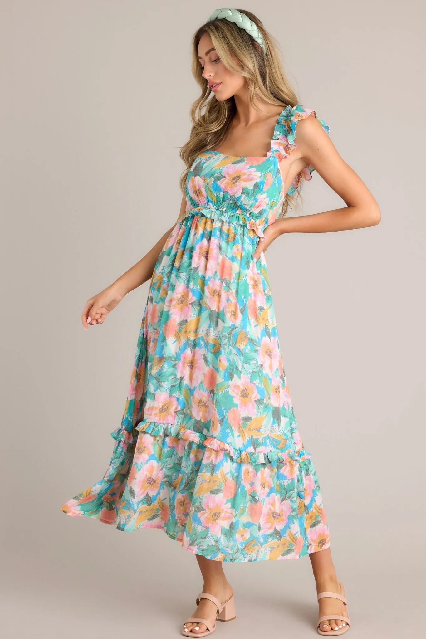 Meadow Magic Aqua Floral Print Midi Dress