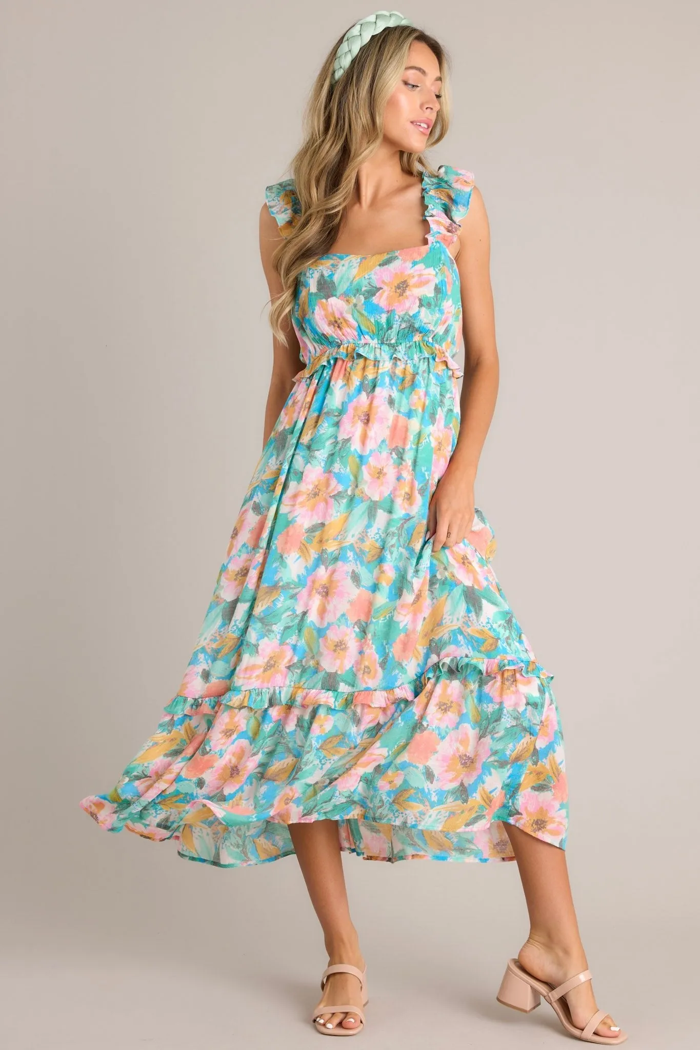 Meadow Magic Aqua Floral Print Midi Dress